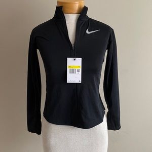 Girls Nike dri-fit quarter zip long sleeve top with thumb holes.